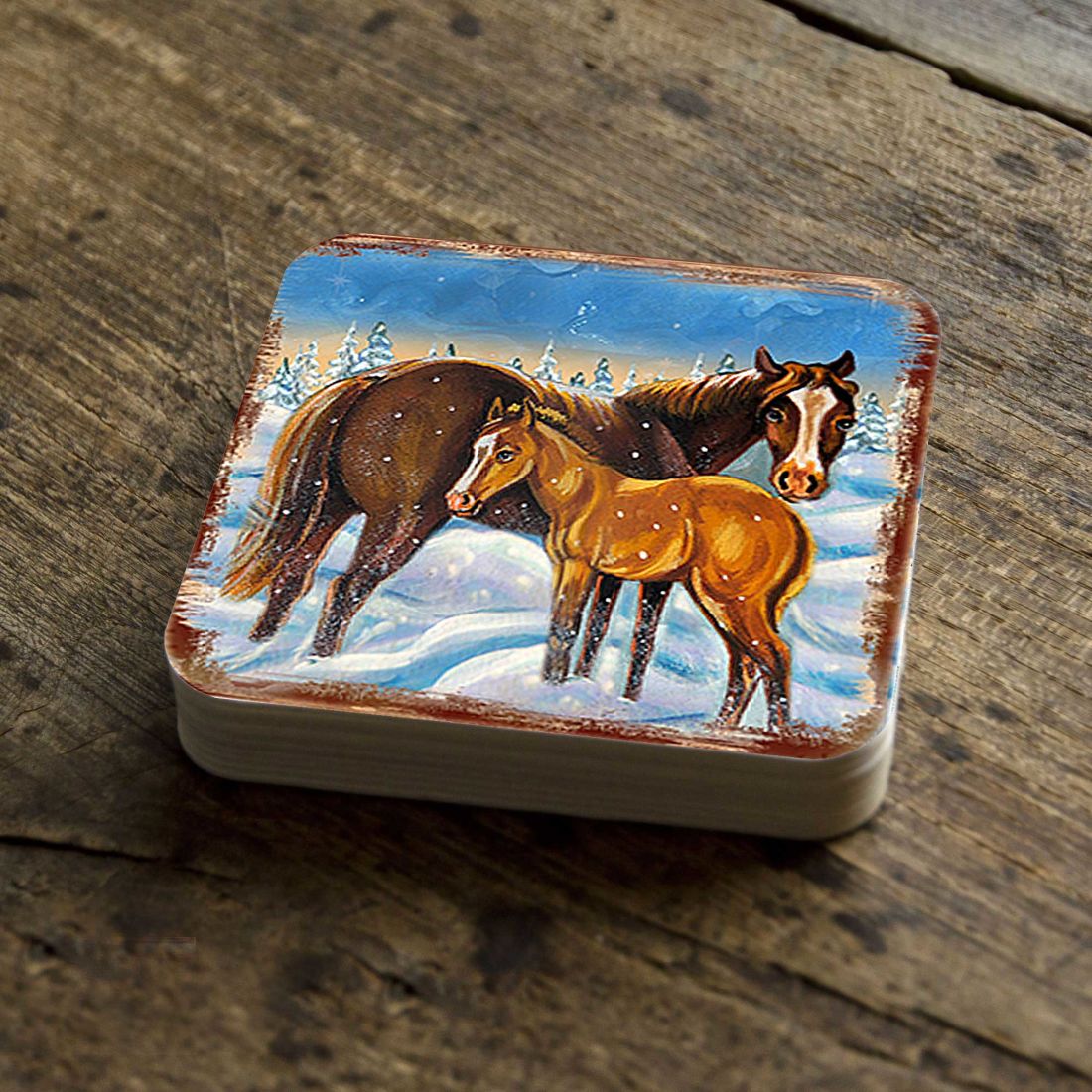 Horsey Wooden Cork Coasters Gift Set of 4 by Nature Wonders - Nature Wildlife Decor  - 95218C-S4