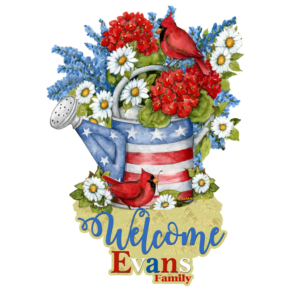 Personalized Custom Front Door Sign Patriotic Decoration with American Watering Can Family Name Welcome Sign Handmade Gift Rustic Adornment for Wooden Front Porch Decor by Susan Winget - 8471212HC-SW