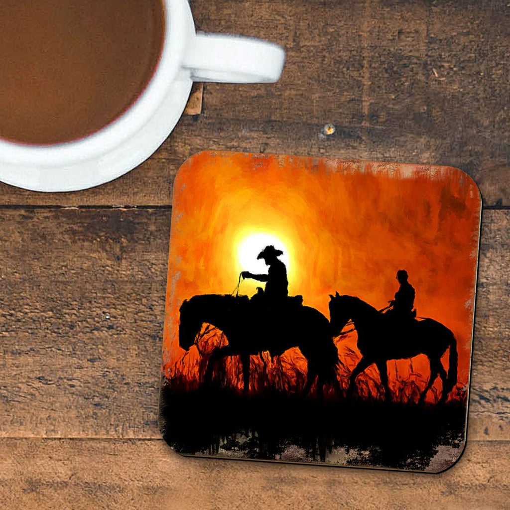 Cowboy Sunset Ride Wooden Cork Coasters Gift Set of 4 by Nature Wonders - Nature Wildlife Decor  - 95230C-S4