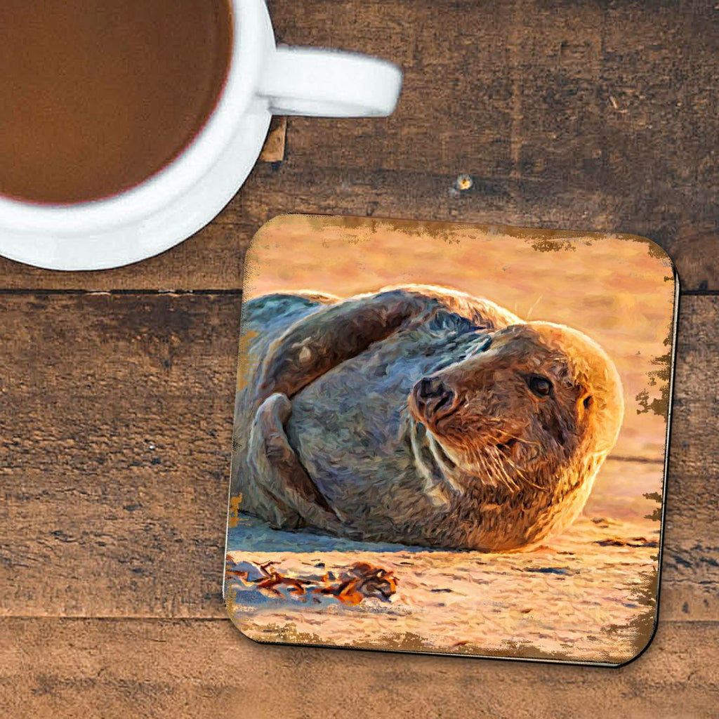Seal Coastal Wooden Cork Coasters Gift Set of 4 by Nature Wonders - Coastal Sea-Life Decor - 95260C-S4