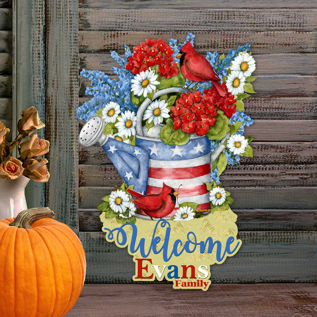 Personalized Custom Front Door Sign Patriotic Decoration with American Watering Can Family Name Welcome Sign Handmade Gift Rustic Adornment for Wooden Front Porch Decor by Susan Winget - 8471212HC-SW