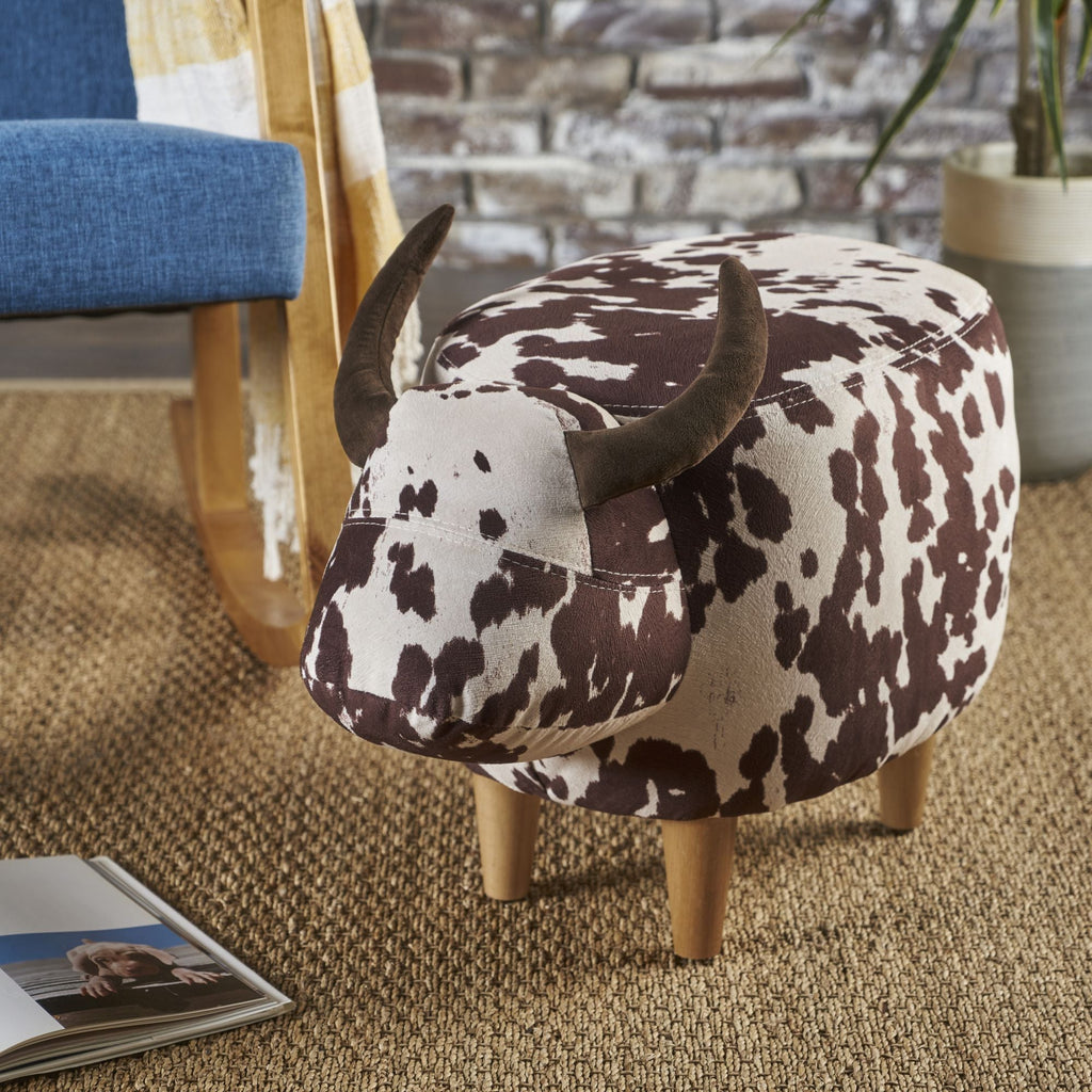 Cow Shaped Ottoman Footstool with Fabric and Wood - Black or Dark Brown