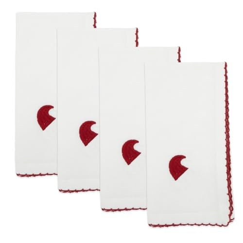 Fennco Styles Embroidered Holiday Wreath Whip Stitch Cloth Napkins 18" W x 18" L, Set of 4 - White Cotton Dinner Napkins for Winter Festivals, Christmas, Banquets, and Special Events