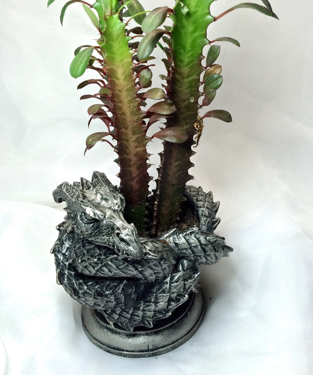 Coiled Dragon Planter, Pewter Finish |  Unique Mythic Creature Home Decor | Resin Sculpture Snake Vase, Fantasy Art and Gothic Home Decor