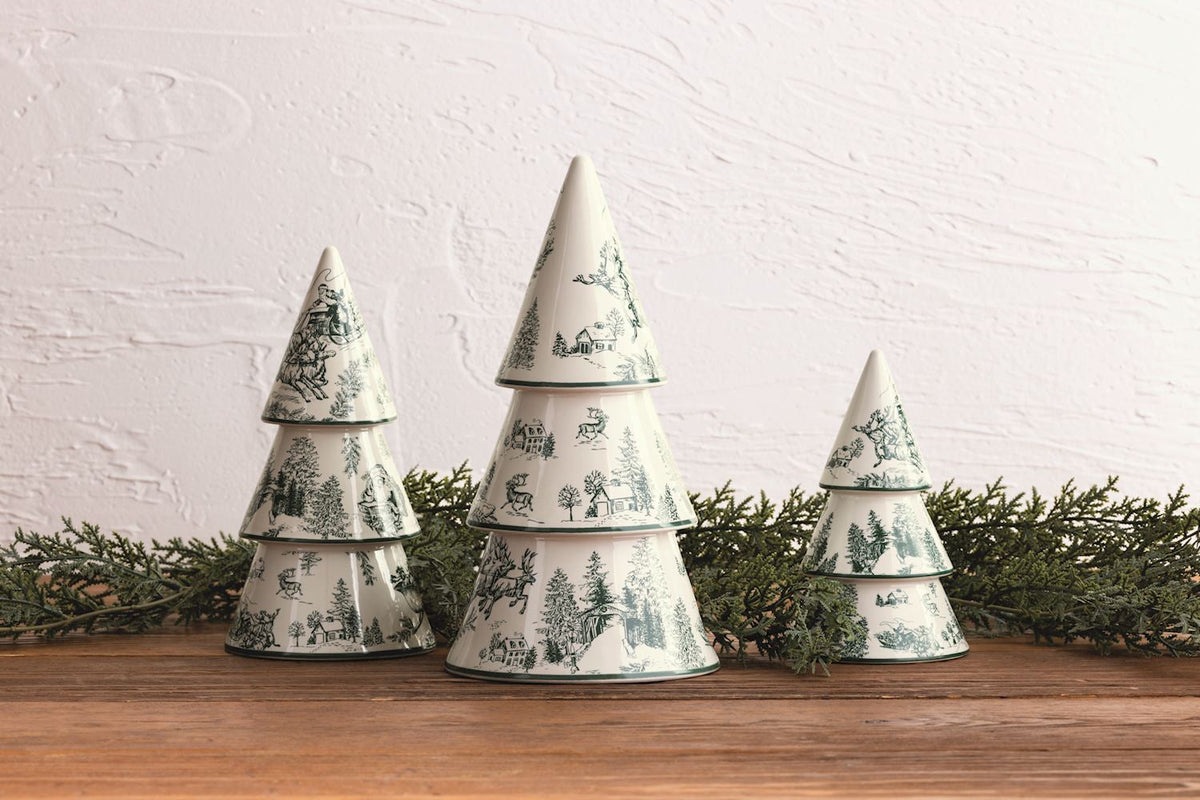 Hand-Painted Green Toile Ceramic Christmas Tree Sitters