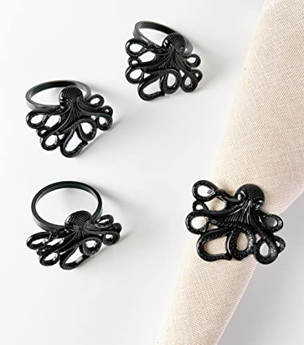 Fennco Styles Coastal Octopus Metal Napkin Rings, Set of 4 - Gold Nautical Napkin Holders for Home Décor, Dining Table, Banquets, Family Gathering and Special Occasions
