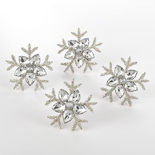 Fennco Styles Beaded Snowflake Holiday Napkin Rings, Set of 4 - Silver Jeweled Napkin Holders for Home Décor, Christmas, Banquets, Weddings and Special Occasions