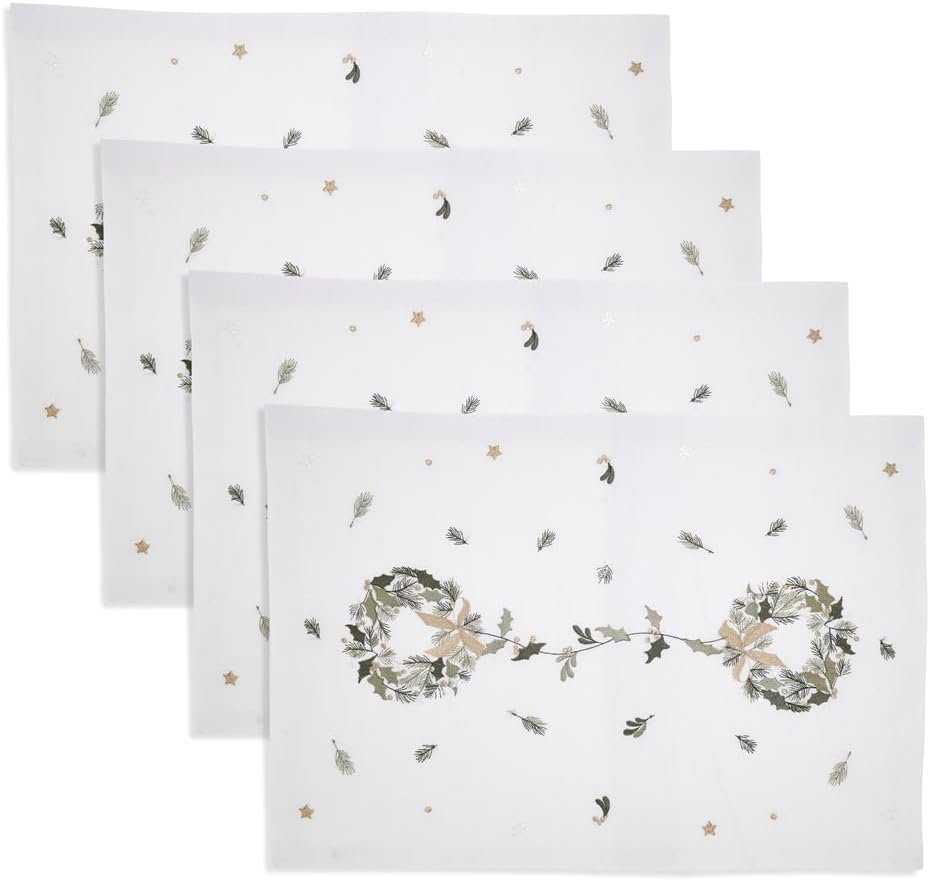 Fennco Styles Embroidered Wreath Christmas Placemats 14" X 20", Set of 4 - Green Festive Table Mats for Winter Holidays Décor, Banquet, Family Gathering, and Special Occasions