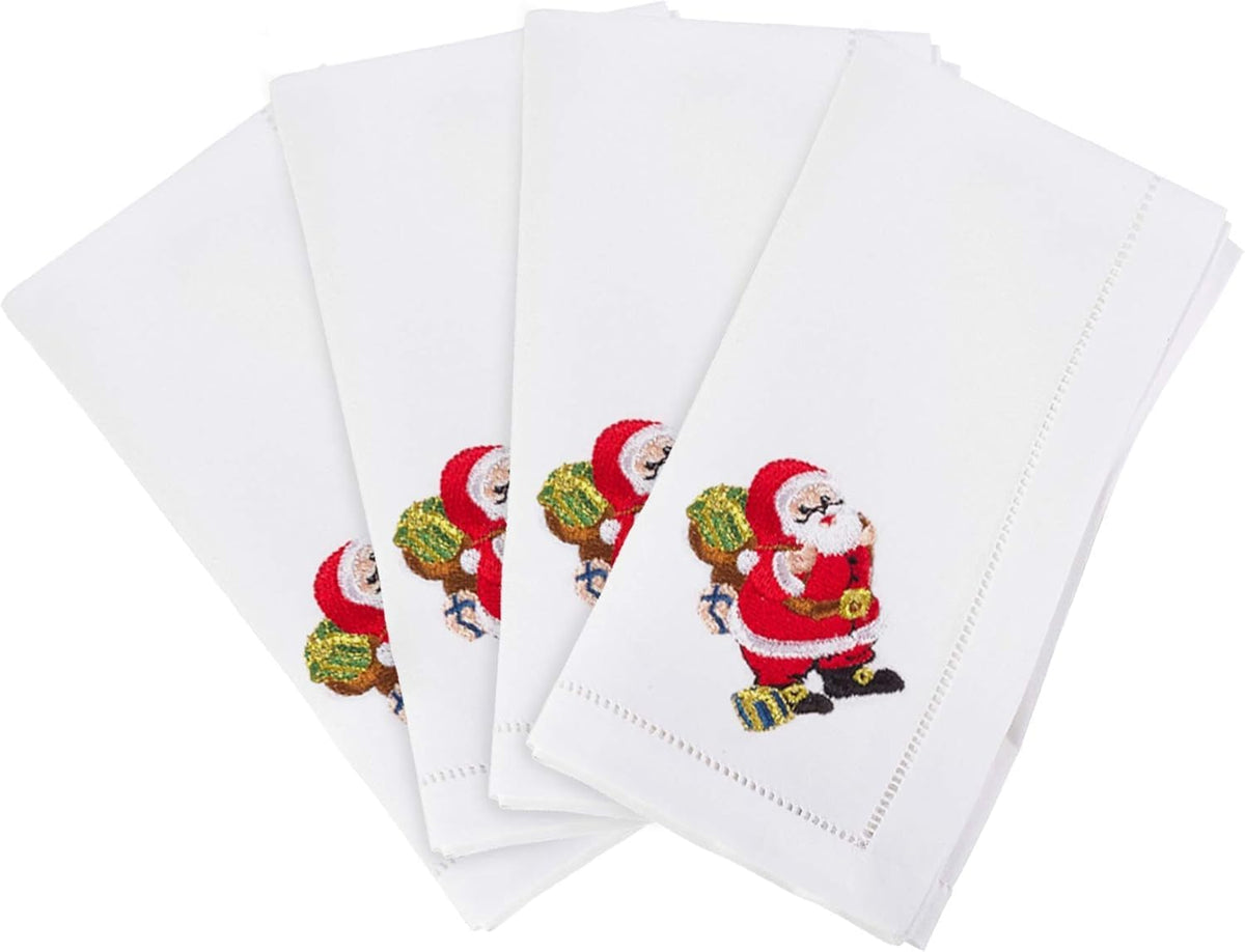 Fennco Styles Linen Cotton Hemstitched and Embroidered Santa Claus Christmas Cloth Napkins, 20-inch Square, Set of 4