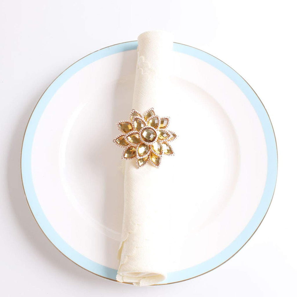 Fennco Styles Rhinestone Crystal Flower Napkin Rings Wedding Holiday Table Decoration - Set of 4