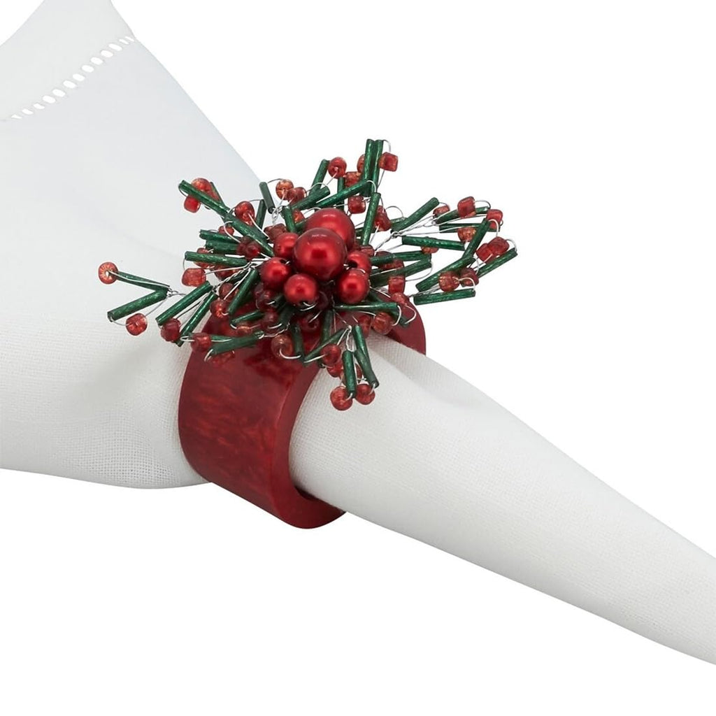 Fennco Styles Finery Beaded Holiday Napkin Rings, Set of 4 - Red Festive Decorative Napkin Holders for Home, Dining Table, Family Gatherings, Christmas Décor and Special Occasions