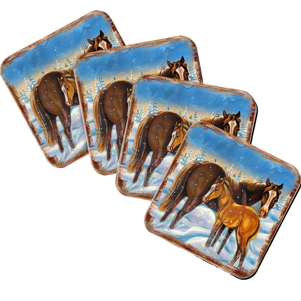Horsey Wooden Cork Coasters Gift Set of 4 by Nature Wonders - Nature Wildlife Decor  - 95218C-S4