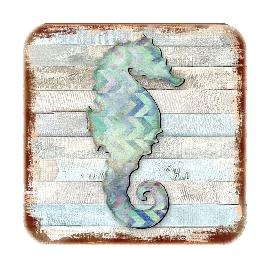 Seahorse Coastal Wooden Cork Coasters Gift Set of 4 by Nature Wonders - Coastal Sea-Life Decor - 8198517-2-9C-S4