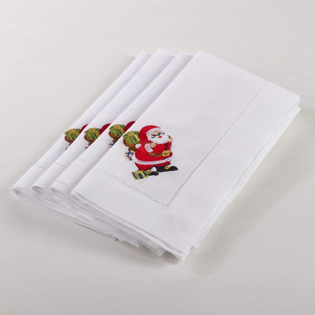 Fennco Styles Linen Cotton Hemstitched and Embroidered Santa Claus Christmas Cloth Napkins, 20-inch Square, Set of 4