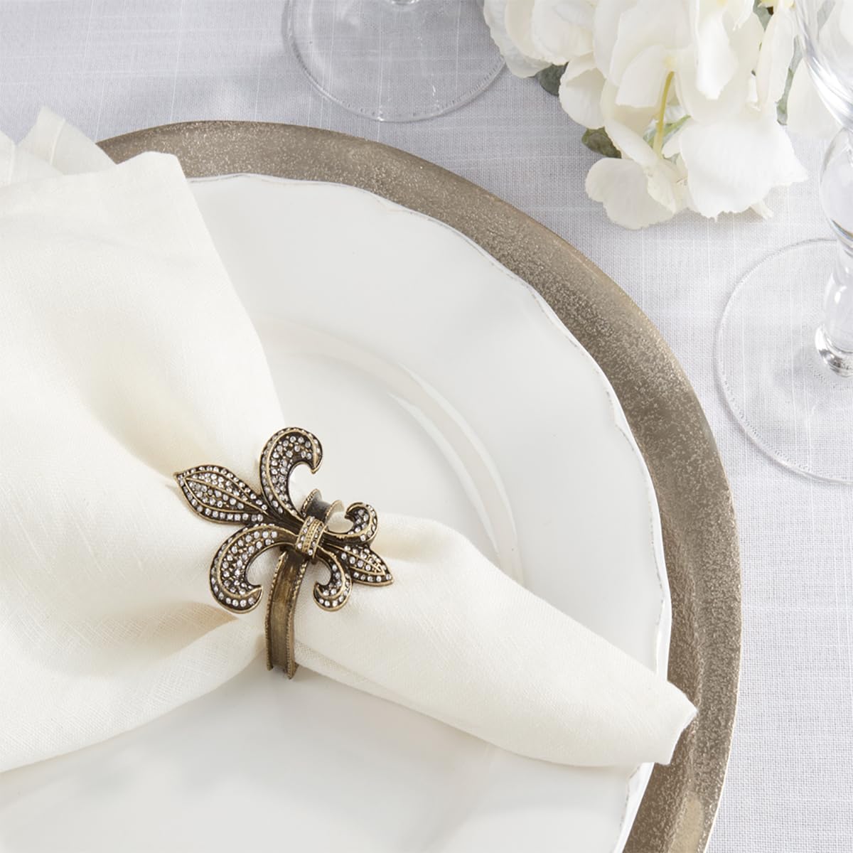 Fennco Styles Bejeweled Fleur De Lis Metal Napkin Rings, Set of 4 - Black Napkin Holders for Home Decor, Dining Table, Banquets, Family Gathering and Special Occasions