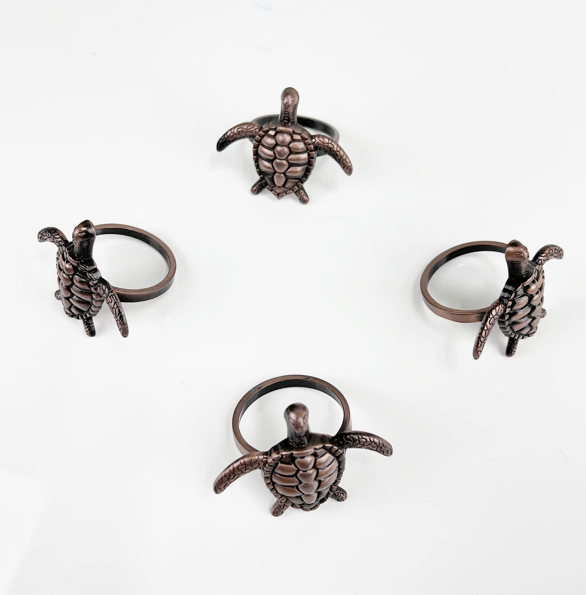 Fennco Styles Nature's Touch Sea Turtle Metal Napkin Rings, Set of 4 – Bronze Sea Creatures Napkin Holders for Family Dinner, Themed Party, Table Décor, Banquets, Holidays and Special Occasion