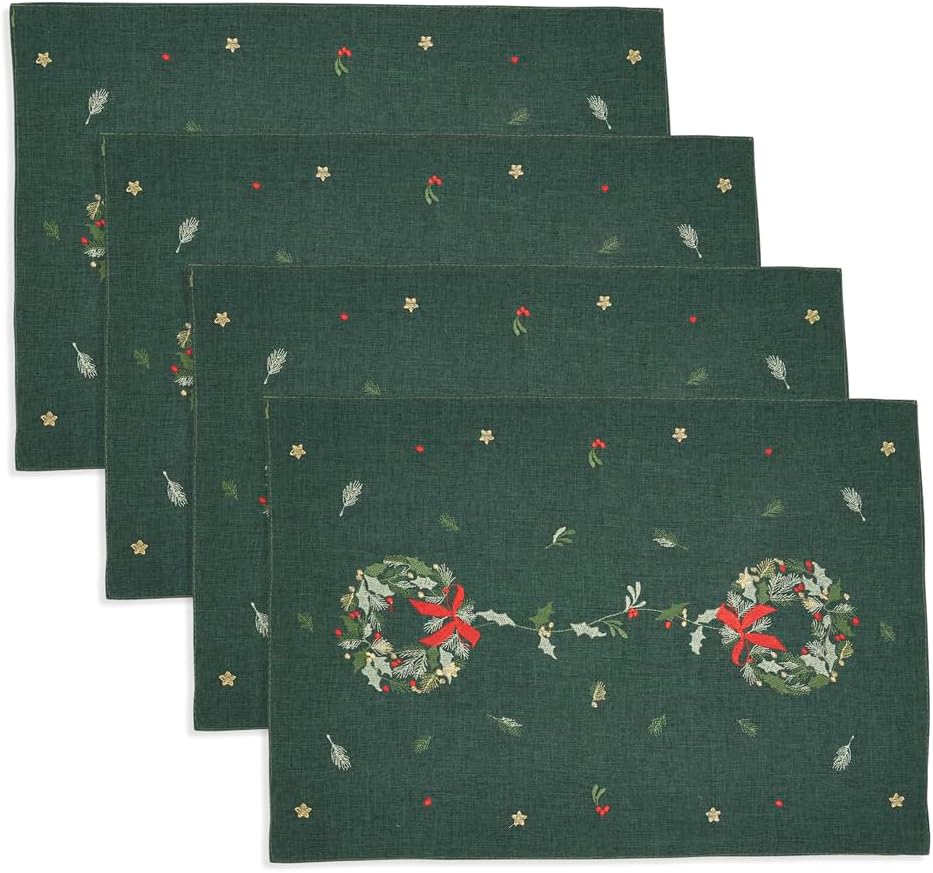 Fennco Styles Embroidered Wreath Christmas Placemats 14" X 20", Set of 4 - Green Festive Table Mats for Winter Holidays Décor, Banquet, Family Gathering, and Special Occasions