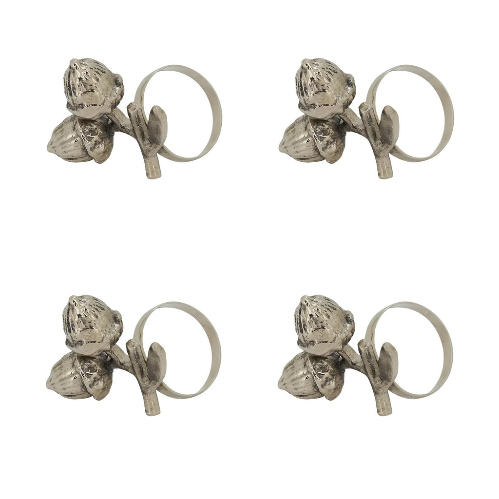 Fennco Styles Harvest Acorn Brass Napkin Rings, Set of 4 - Silver Metal Napkin Holders for Holiday, Home Décor, Dining Room, Banquets, Family Gatherings and Special Occasions