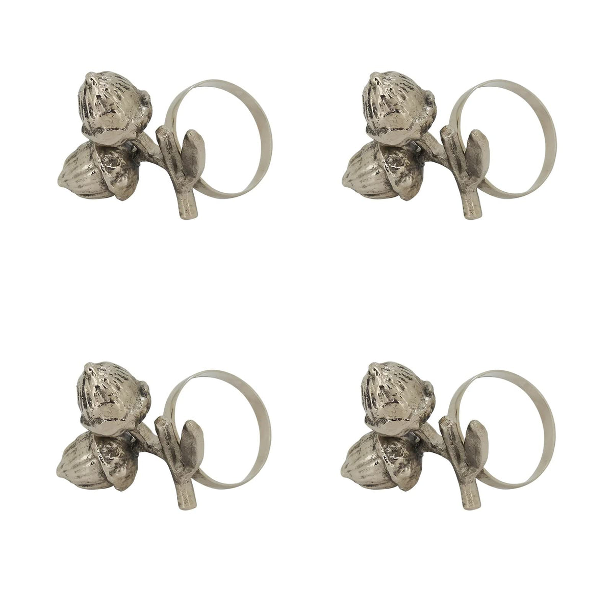 Fennco Styles Harvest Acorn Brass Napkin Rings, Set of 4 - Silver Metal Napkin Holders for Holiday, Home Décor, Dining Room, Banquets, Family Gatherings and Special Occasions