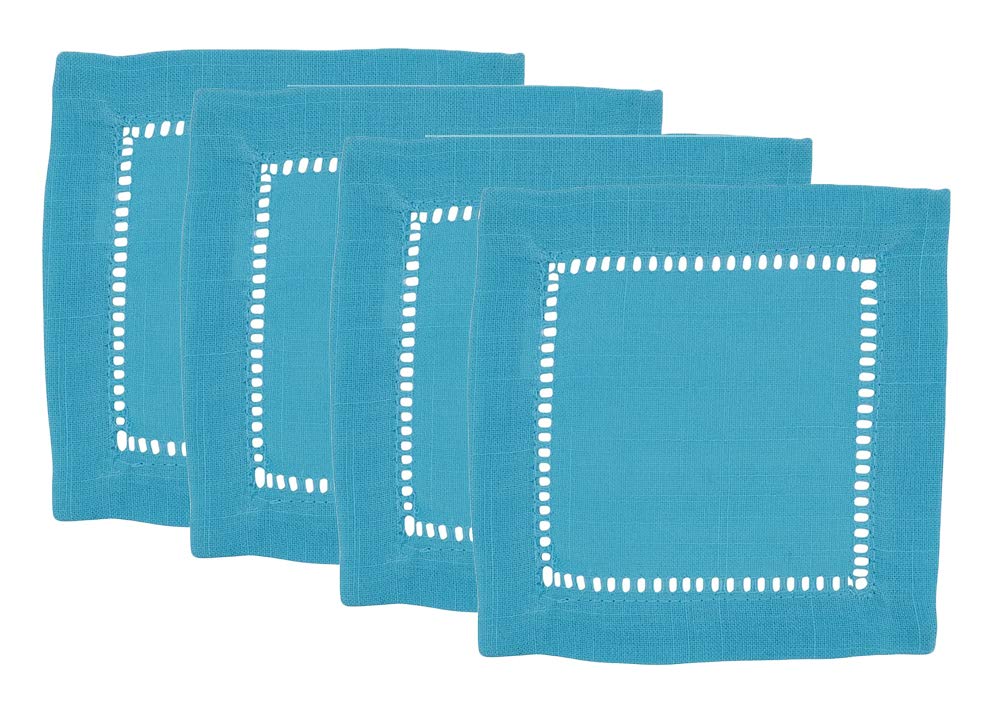 Fennco Styles Classic Hemstitch Design 6 Inch Square Table Cloth Napkin Coasters, Set of 4 – Turquoise Table Cover for Home Décor, Dining Table, Banquets, Holidays and Special Occasions