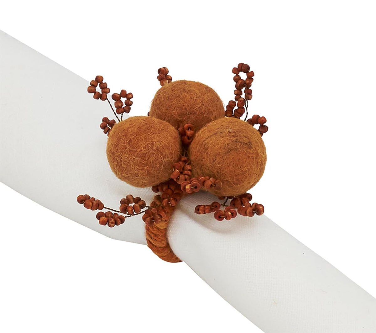Fennco Styles Hand Beaded Cotton Pom Pom Napkin Rings, Set of 4 - Rust Decorative Festive Napkin Holders for Home, Dining Table, Banquet, Family Gathering, Holiday, Thanksgiving and Special Occasion