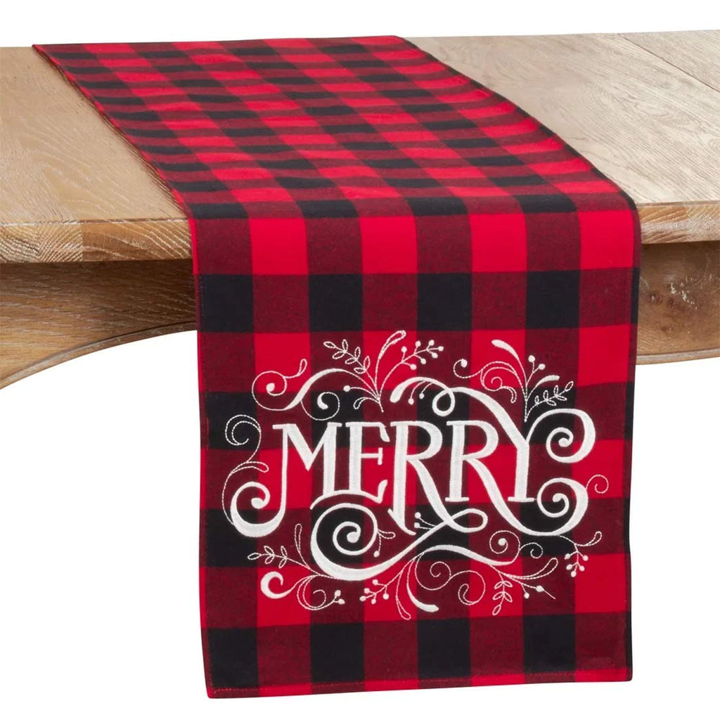 Fennco Styles Holiday Buffalo Plaid Cotton Blend Merry Design Table Runner 14 x 72 Inch - Red & Black Plaid Table Cover for Christmas Decor, Home, Banquet, Family Gathering and Special Occasion