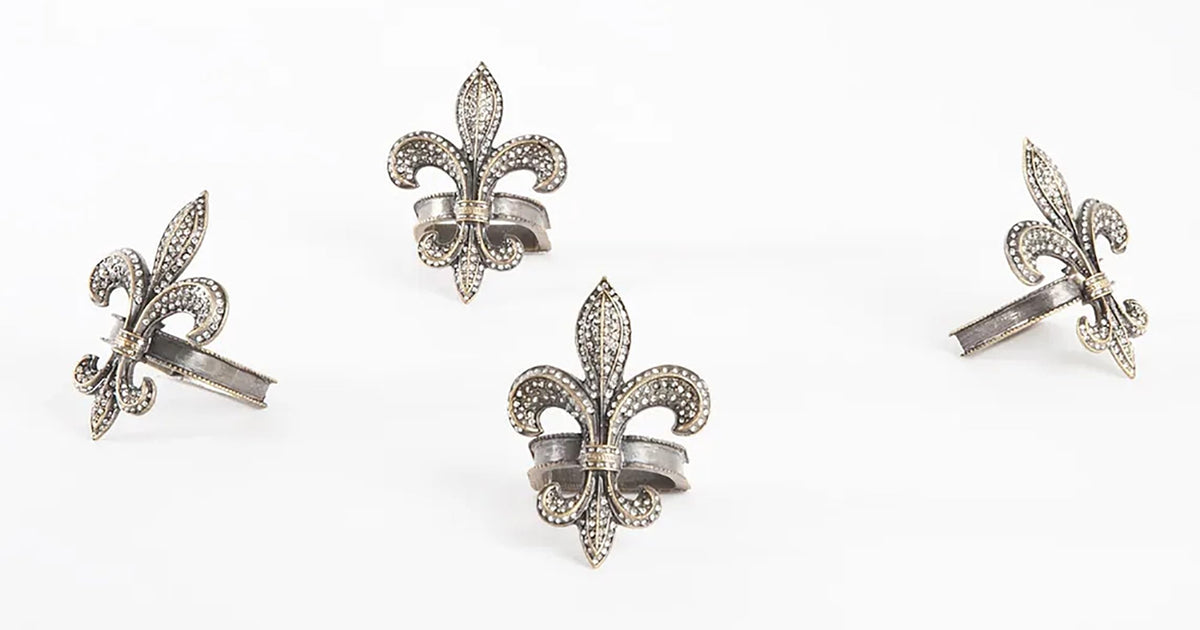 Fennco Styles Bejeweled Fleur De Lis Metal Napkin Rings, Set of 4 - Black Napkin Holders for Home Decor, Dining Table, Banquets, Family Gathering and Special Occasions
