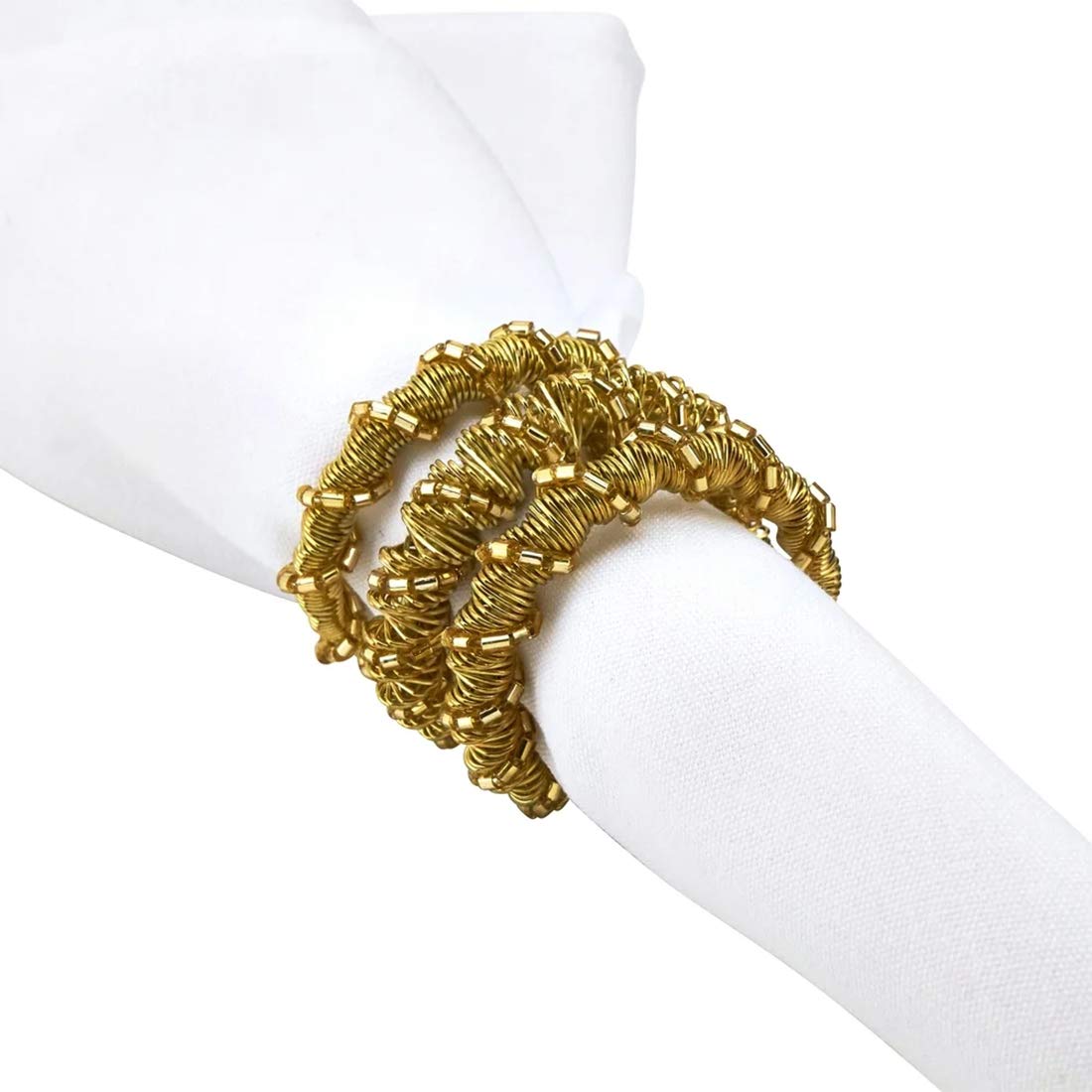 Fennco Styles Hand Beaded Spiral Metal Napkin Rings, Set of 4 - Glass Beads Napkin Holders for Home, Dining Room, Banquet, Family Gathering, Holiday Décor and Special Occasion