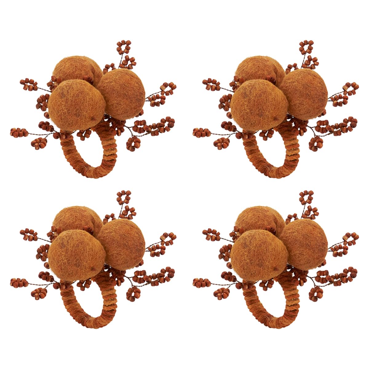 Fennco Styles Hand Beaded Cotton Pom Pom Napkin Rings, Set of 4 - Rust Decorative Festive Napkin Holders for Home, Dining Table, Banquet, Family Gathering, Holiday, Thanksgiving and Special Occasion