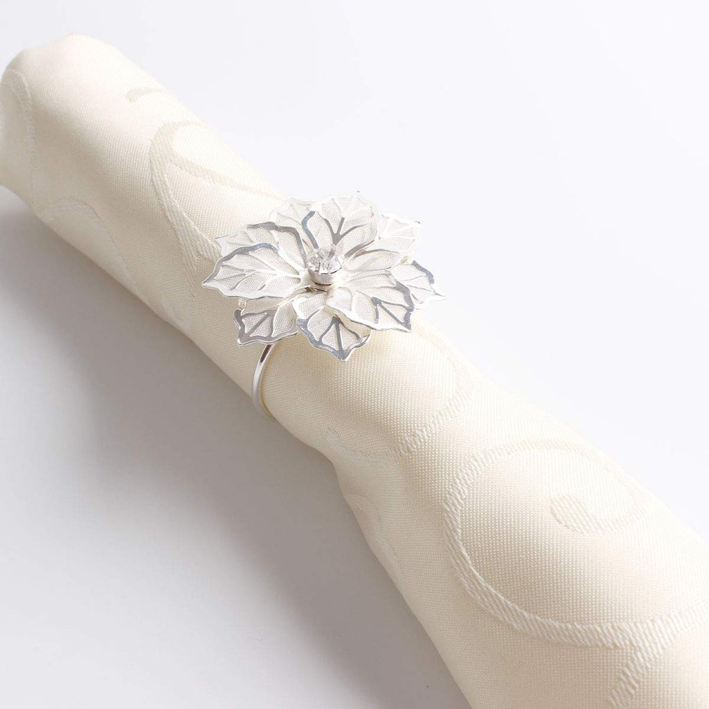 Fennco Styles Rhinestone Crystal Flower Napkin Rings Wedding Holiday Table Decoration - Set of 4