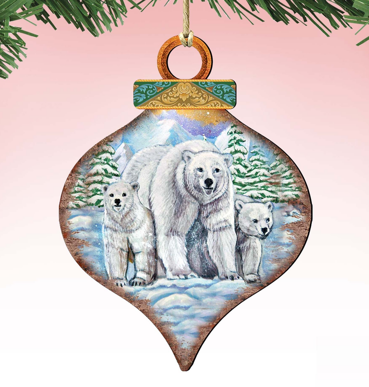 Hand-Carved Wildlife Tree bundle: Polar bears wooden ornament
