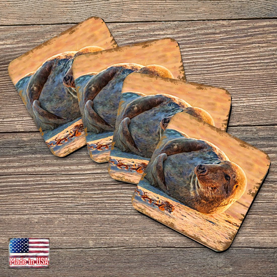 Seal Coastal Wooden Cork Coasters Gift Set of 4 by Nature Wonders - Coastal Sea-Life Decor - 95260C-S4