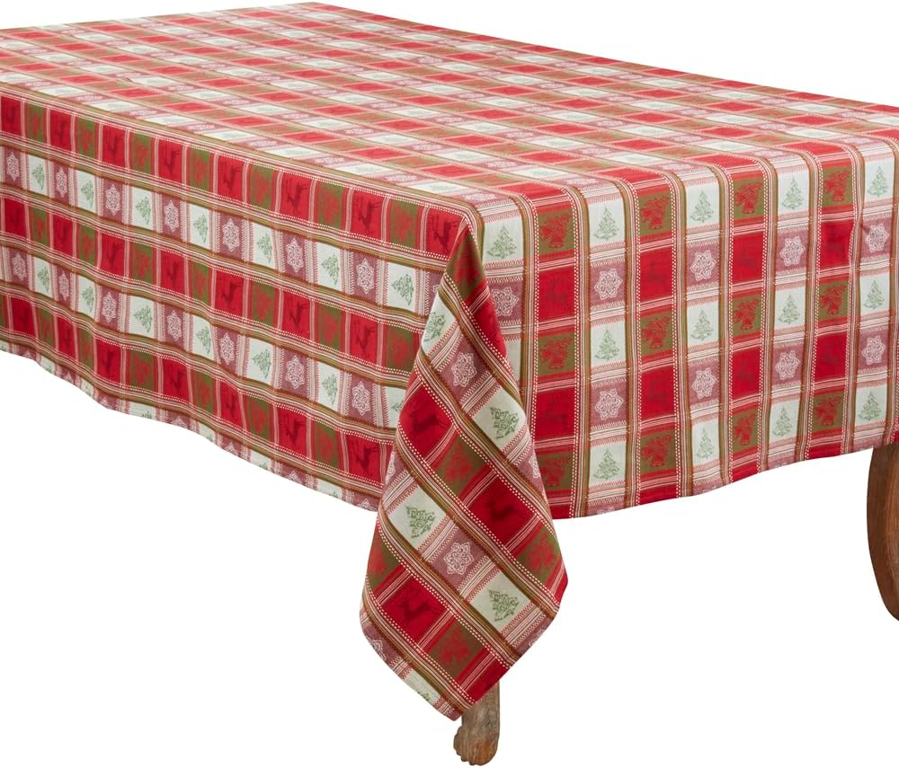 Fennco Styles Holiday Plaid Jacquard Cotton Tablecloth 63" X 84" - Red Christmas Table Cover for Winter Festivals, Family Gathering, Banquets, and Special Occasions