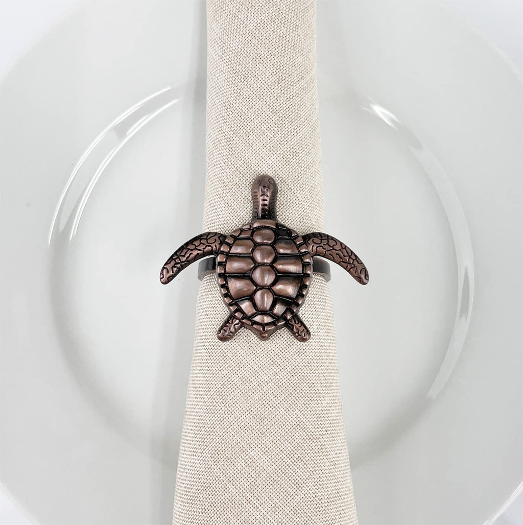 Fennco Styles Nature's Touch Sea Turtle Metal Napkin Rings, Set of 4 – Bronze Sea Creatures Napkin Holders for Family Dinner, Themed Party, Table Décor, Banquets, Holidays and Special Occasion