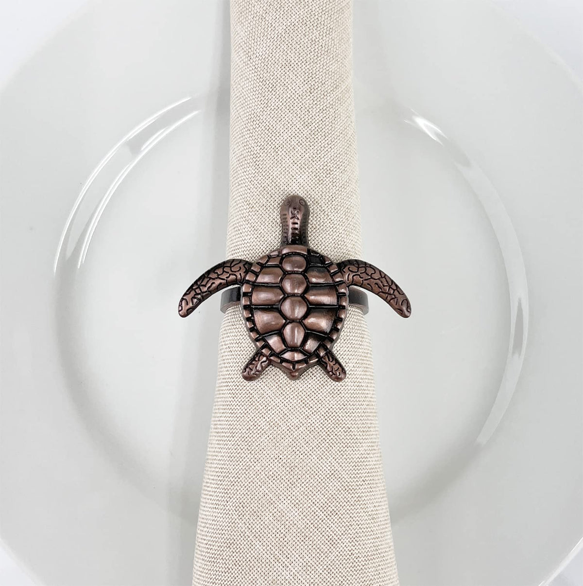 Fennco Styles Nature's Touch Sea Turtle Metal Napkin Rings, Set of 4 – Bronze Sea Creatures Napkin Holders for Family Dinner, Themed Party, Table Décor, Banquets, Holidays and Special Occasion