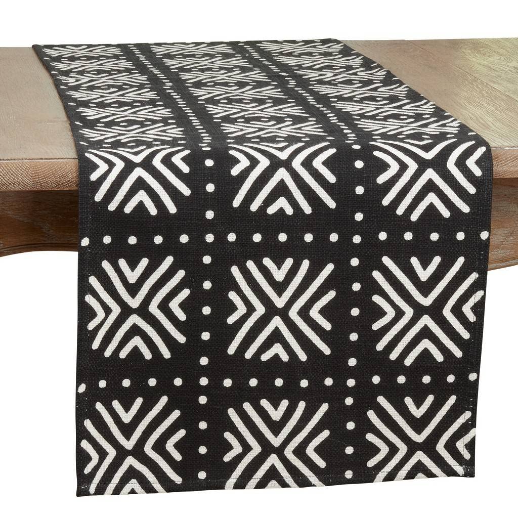 Fennco Styles Arrow Mud Cloth Design Cotton Table Runner 16" W x 72" L - Black Tribal Printed Table Cover for Home Décor, Everyday Use, Banquets and Special Occasion
