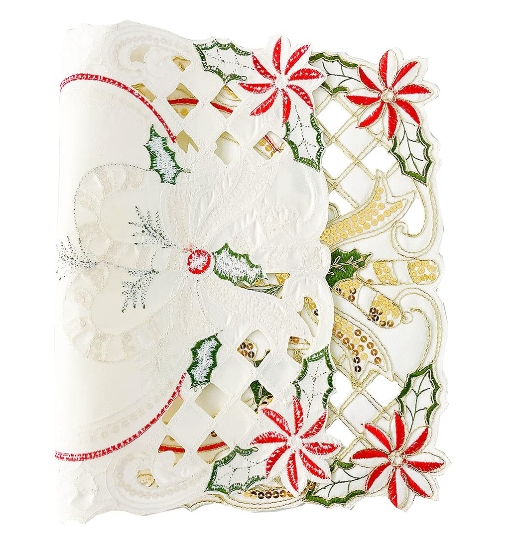 Fennco Styles Christmas Embroidered Holly Cloth Napkins 20" W x 20" L, Set of 4