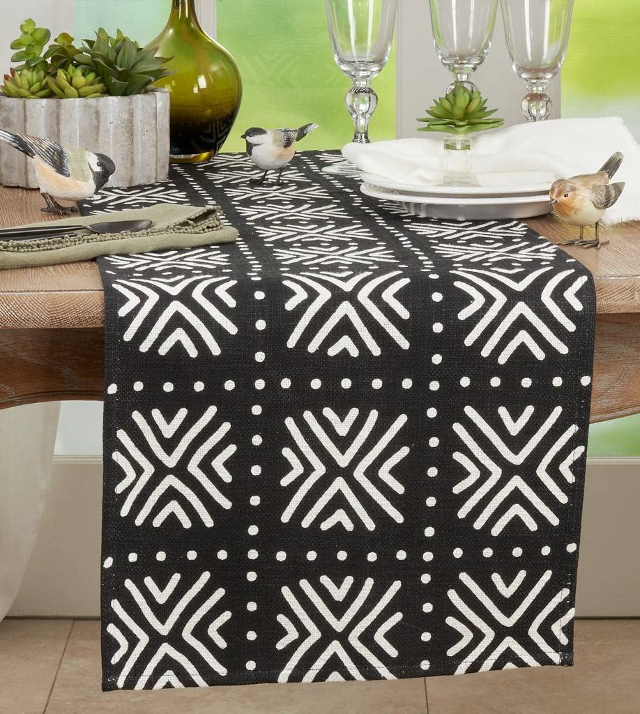 Fennco Styles Arrow Mud Cloth Design Cotton Table Runner 16" W x 72" L - Black Tribal Printed Table Cover for Home Décor, Everyday Use, Banquets and Special Occasion
