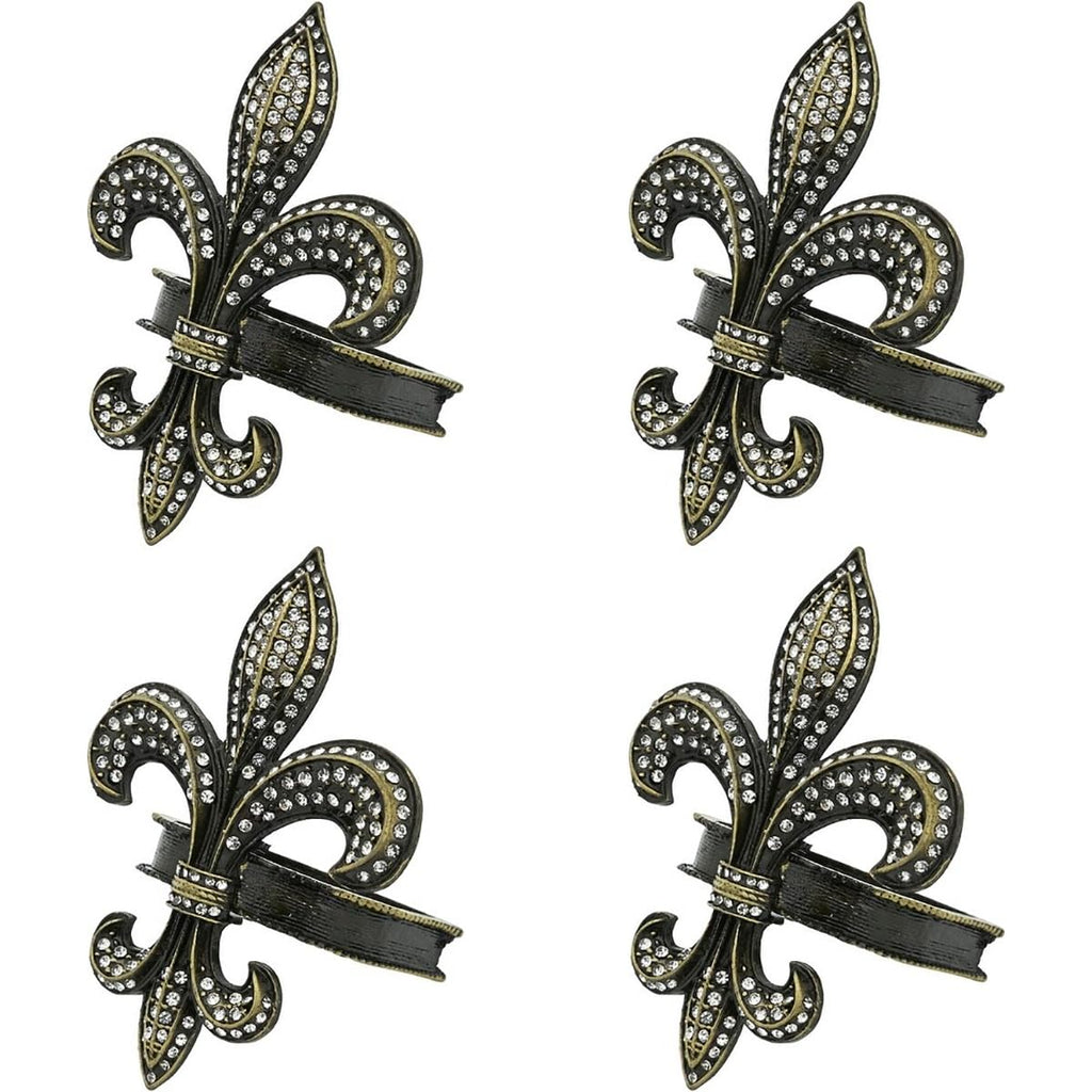 Fennco Styles Bejeweled Fleur De Lis Metal Napkin Rings, Set of 4 - Black Napkin Holders for Home Decor, Dining Table, Banquets, Family Gathering and Special Occasions