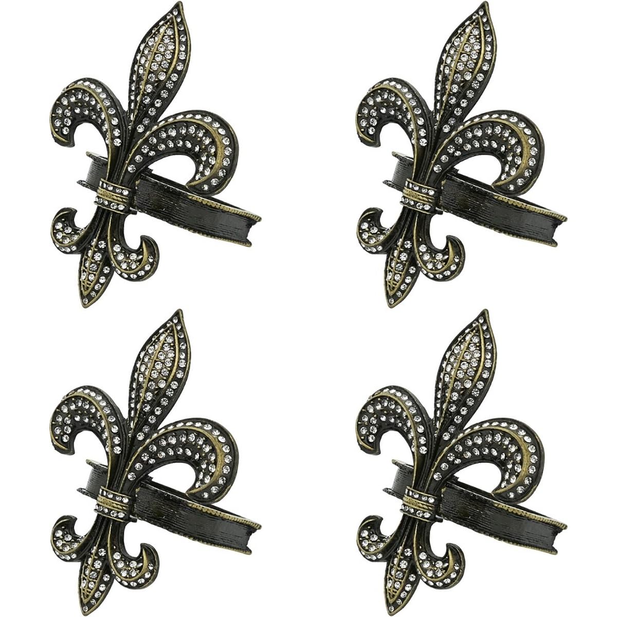 Fennco Styles Bejeweled Fleur De Lis Metal Napkin Rings, Set of 4 - Black Napkin Holders for Home Decor, Dining Table, Banquets, Family Gathering and Special Occasions