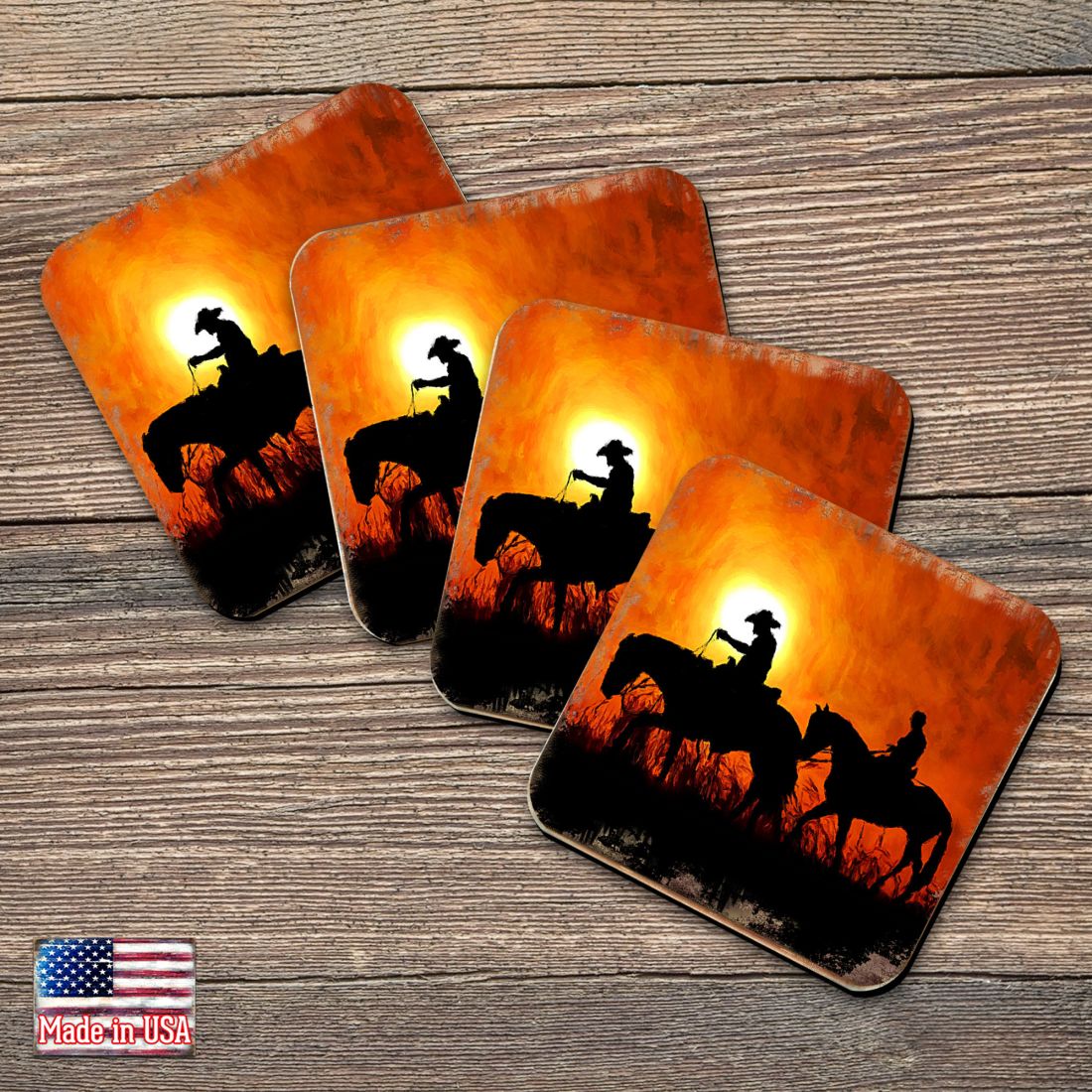 Cowboy Sunset Ride Wooden Cork Coasters Gift Set of 4 by Nature Wonders - Nature Wildlife Decor  - 95230C-S4