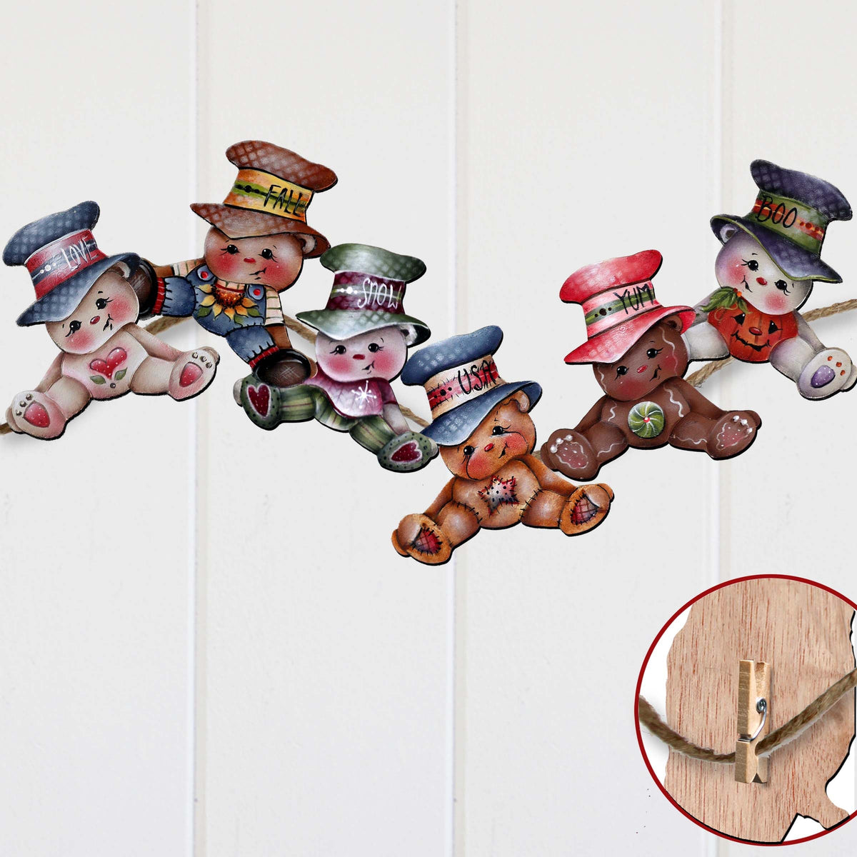 Big Hat Brigade Clip-On Eco Wood Decorative Ornaments Set of 6 by Jamie Mills-Price - Christmas Santa Snowman Decor - 8090046C-MP-S6