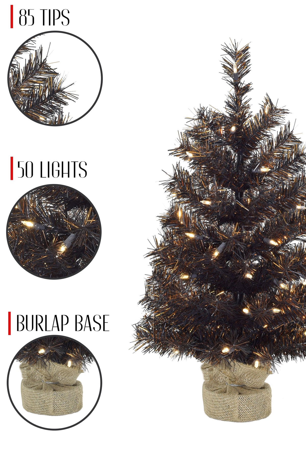 24" Tabletop Matte Black Gold Tinsel Halloween Tree