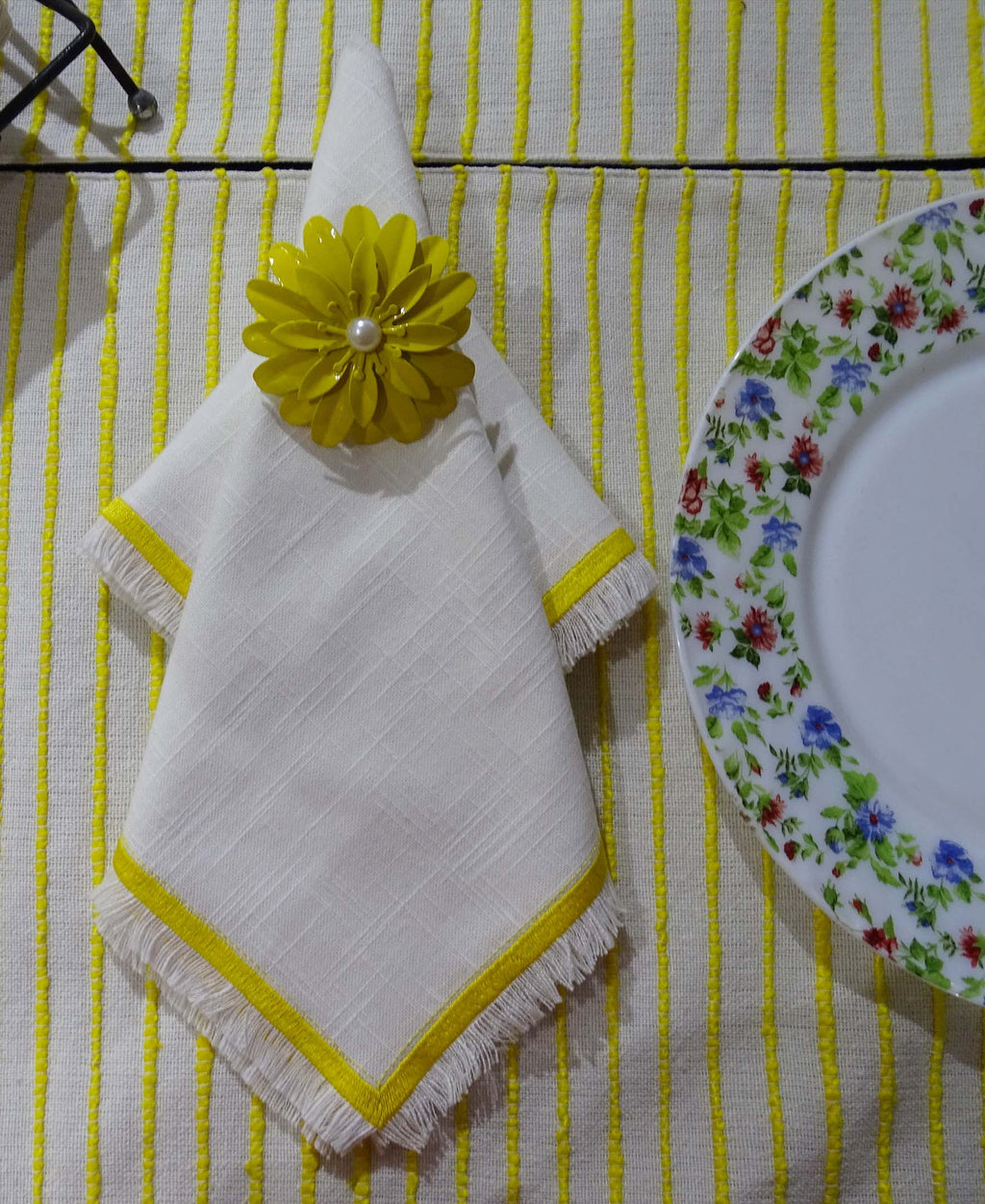 Vibhsa Cotton Table Napkins | Set of 4, Yellow Embroidery, 20"x20"