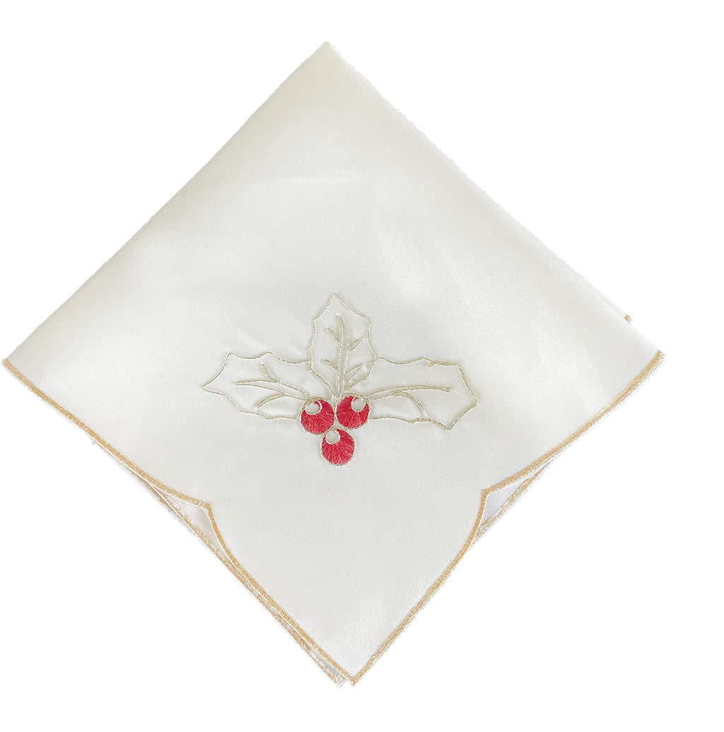 Fennco Styles Christmas Embroidered Holly Cloth Napkins 20" W x 20" L, Set of 4