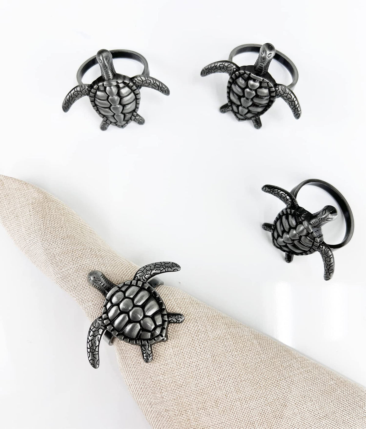 Fennco Styles Nature's Touch Sea Turtle Metal Napkin Rings, Set of 4 – Bronze Sea Creatures Napkin Holders for Family Dinner, Themed Party, Table Décor, Banquets, Holidays and Special Occasion