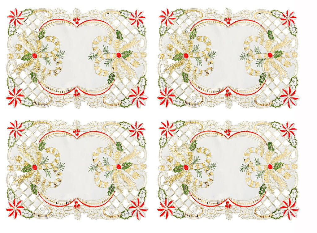 Fennco Styles Christmas Embroidered Holly Cloth Napkins 20" W x 20" L, Set of 4