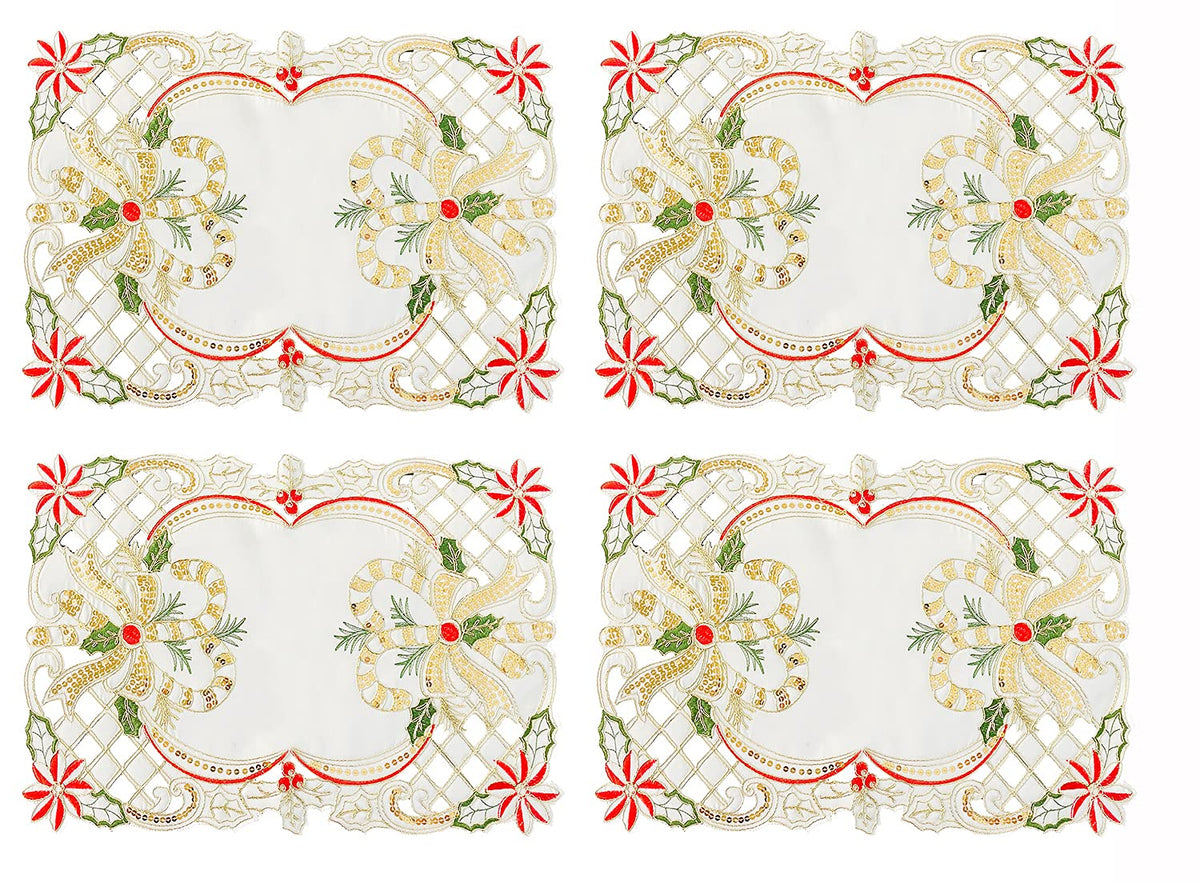 Fennco Styles Christmas Embroidered Holly Cloth Napkins 20" W x 20" L, Set of 4