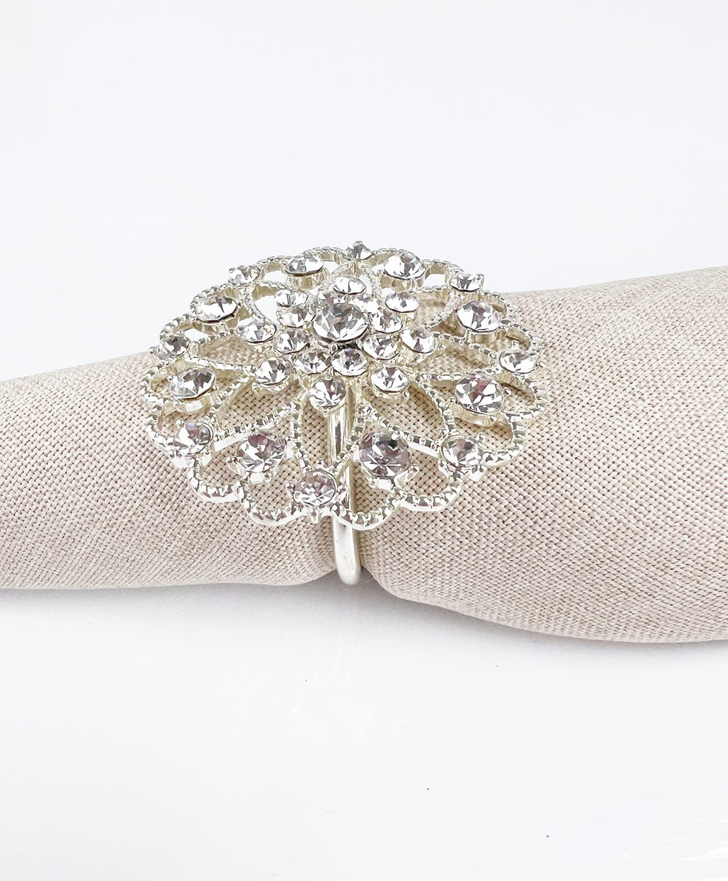 Fennco Styles Rhinestone Crystal Flower Napkin Rings Wedding Holiday Table Decoration - Set of 4