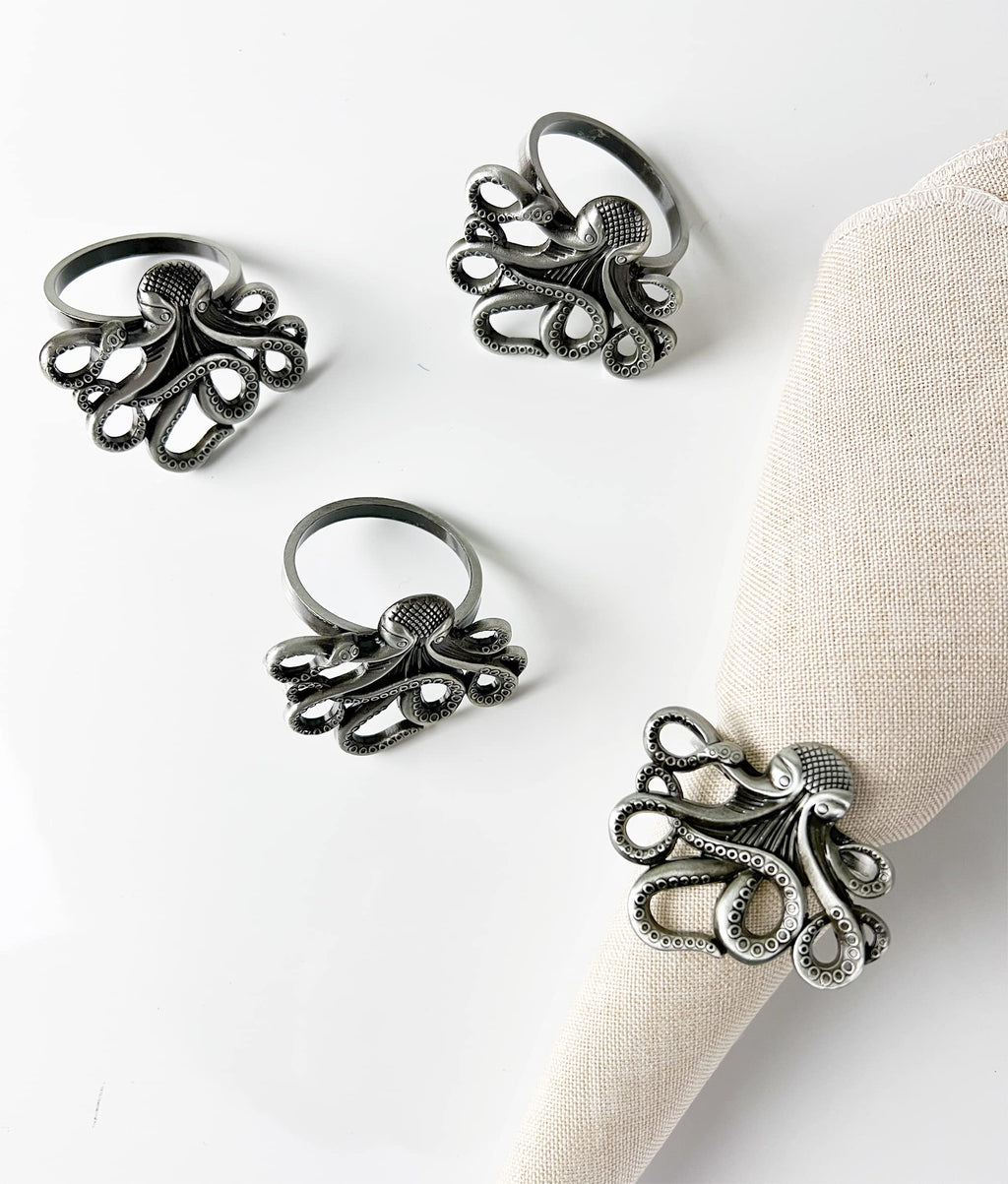 Fennco Styles Coastal Octopus Metal Napkin Rings, Set of 4 - Gold Nautical Napkin Holders for Home Décor, Dining Table, Banquets, Family Gathering and Special Occasions